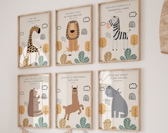 Set of 6 Christian nursery prints,Safari animals,Safari nursery print,Christian baby gift,Christian artwork,Safari theme,Nursery bible verse