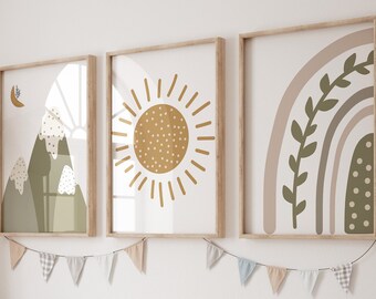 Boho nursery print set of 3,nursery decor neutral,Rainbow sun mountain nursery art,Rainbow poster, nursery decor wall art,Baby shower gift