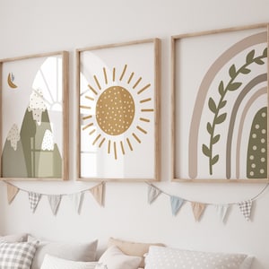 Conjunto de impresión de vivero boho de 3, decoración de vivero neutral, arte de vivero de montaña de sol arcoíris, cartel de arco iris, arte de pared de decoración de guardería, regalo de baby shower