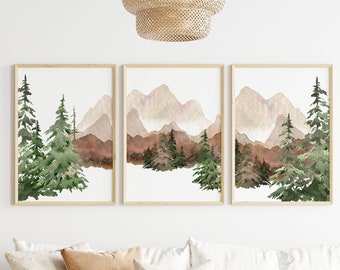 Conjunto de 3 grabados de vivero de montaña, decoración de vivero de montaña, decoración de vivero de bosque, vivero de aventuras, estampado de bosque, decoración de habitación de bebé, estampados de montaña