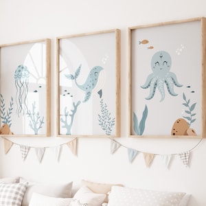 Set von 3 Ozeandrucken,Unter dem Meer,Kinderzimmer unter dem Meer,Kinderzimmer unter dem Thema Ozean,Unterwasserkinderzimmer,Kinderzimmer Dekor Wal,Boho Print,Kinderzimmer an der Küste