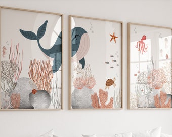 Set van 3 oceaankwekerijafdrukken, nautische kwekerij, oceaankwekerij, walvisprint, babyjongenkwekerij, oceaanthemakwekerij, oceaankwekerijdecor, kinderkamer