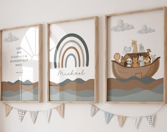 May include: Three framed prints with a nursery theme. The first print features a rainbow with the name Michael. The second print features a quote about being fearfully and wonderfully made. The third print features a cartoon illustration of animals on a boat.
