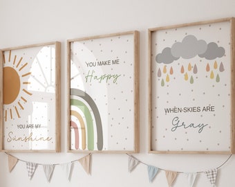 Set of 3 You are my sunshine nursery print,Nursery print,Sun print,Gender neutral,Boho nursery artwork,Kids boho room,Rainbow nursery,Sun
