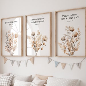 Set van 3 christelijke kinderkamerafdrukken, moderne christelijke kunst, wilde bloemenkwekerijafdrukken, decor van de kerkkwekerij, kinderbijbelvers, christelijke kinderkamer
