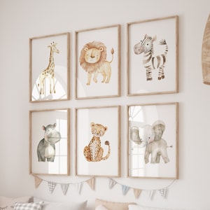 Conjunto de 6 animales de guardería de safari imprimibles, Estampados de animales de safari, Animales de safari bebé, Guardería de la jungla, Vivero neutral, Decoración de guardería de la jungla