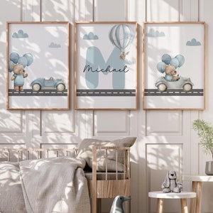 Set of 3 bear nursery prints,Teddy bear prints,Boy nursery prints,Baby bear nursery,Teddy bear nursery,Bear theme nursery,Custom name poster
