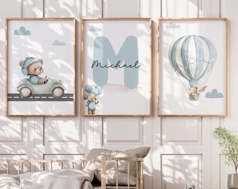 Set of 3 custom teddy bear nursery prints,Teddy bear print,Nursery name sign,Personalized name,Teddy bear nursery decor,Kids wall art,Bear