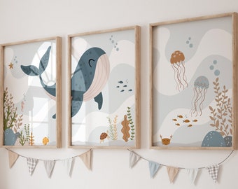 Set van 3 prints oceaankwekerij, nautische kinderkamer, oceaankwekerij, walvisprint, babyjongenkwekerij, oceaanthemakwekerij, inrichting oceaankwekerij, kinderdagverblijf