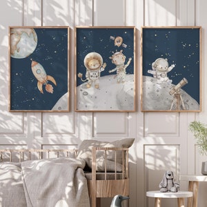 Impresión de guardería espacial, arte de pared para niños, decoración de planetas y estrellas, regalo de baby shower, arte con temática espacial para guardería, decoración con temática espacial para niños