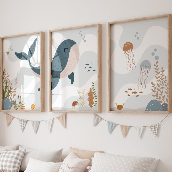 Set of 3 ocean nursery prints,Nautical nursery,Ocean nursery,Whale print,Baby boy nursery,Ocean theme nursery,Ocean nursery decor,Nursery