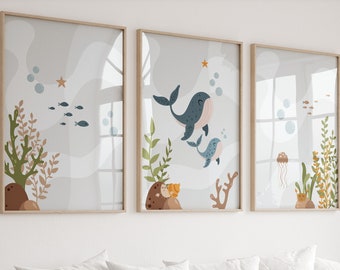 Set van 3 walviskwekerijafdrukken, nautische kwekerij, walviskwekerijdecor, walvisprint, oceaankwekerijafdrukken, kwekerij met oceaanthema, kustkwekerij