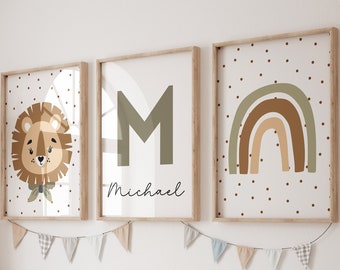 Impresión de guardería de leones, Impresiones de guardería de safari, Vivero de género neutro, Decoración de guardería de la jungla, Guardería de bebé niño, Estampados de animales para bebés, Guardería con nombre personalizado