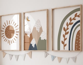 Boho nursery print set of 3,baby wall art rainbow,rainbow and mountain,boho baby nursery sunshine,nursery prints,boho rainbow nursery print