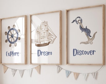 Set of 3 nautical nursery prints,Baby boy nursery,Nautical wall art,Ocean themed nursery,Sail boat,Boy nursery,Watercolor prints,Nursery art