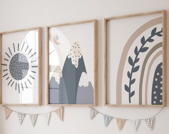 Boho kwekerij print set van 3, regenboog kinderkamer decor, regenboog zon berg kinderkamer kunst, regenboog poster, kinderkamer decor kunst aan de muur, baby shower cadeau