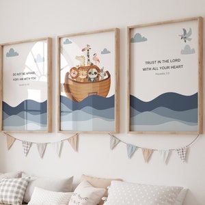 Set of 3 christian nursery wall art,Noahs ark,Noahs ark nursery,Noah ark,Bible verse wall art,Scripture wall art,Nursery wall art christian