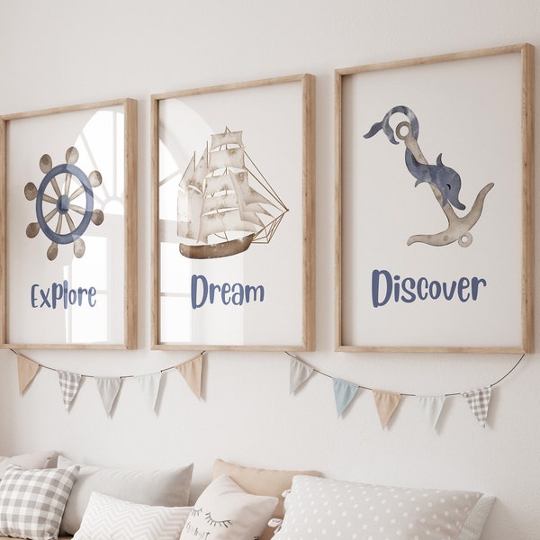 Set of 3 nautical nursery prints,Baby boy nursery,Nautical wall art,Ocean themed nursery,Sail boat,Boy nursery,Watercolor prints,Nursery art