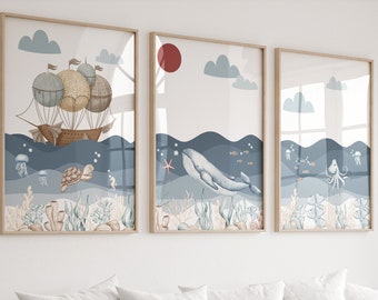Ocean Nursery Prints Set: Whale, Nautical Theme (Digital Download)
