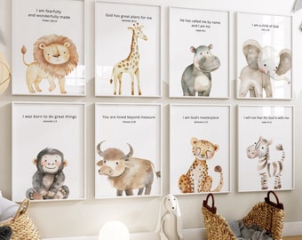 Set of 8 printables safari nursery animals,Christian nursery prints,Safari animals,Safari nursery print,Christian baby gift,Church nursery