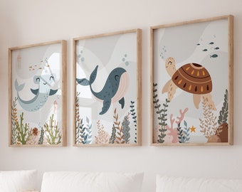 Set van 3 prints oceaankwekerij, nautische kinderkamer, oceaankwekerij, walvisprint, babyjongenkwekerij, oceaanthemakwekerij, inrichting oceaankwekerij, kinderdagverblijf