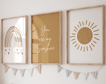 Boho kinderkamer print set van 3, kinderkamer decor neutraal, Rainbow zon kinderkamer kunst aan de muur, Rainbow poster, kinderkamer decor kunst aan de muur, Baby shower cadeau