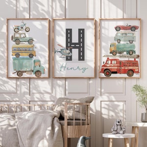 Nombre personalizado arte de la pared de la guardería, impresión de vehículos para la habitación de los niños, guardería de viajes, guardería de aventuras, decoración de la guardería del niño, decoración de la habitación de los niños, habitación de los niños, camión