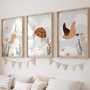 Conjunto de 3 impresiones de vivero oceánico, vivero náutico, vivero oceánico, estampado de ballenas, vivero de niños, vivero temático oceánico, decoración de vivero oceánico, vivero
