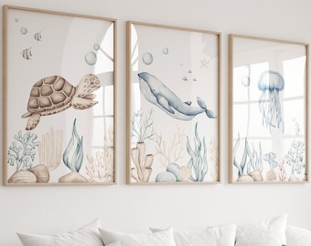Set van 3 nautische kinderkamerafdrukken, nautische kunst aan de muur, nautisch decor, kinderdagverblijfdecor, oceaankwekerijafdrukken, geslachtsneutrale kinderkamer, walviskwekerij