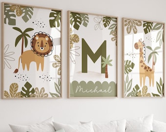 Lot de 3 impressions de chambre d'enfant Safari, prénom personnalisé, prénom personnalisé, chambre d'enfant de la jungle, lion de chambre d'enfant, décoration de chambre d'enfant de la jungle, chambre d'enfant girafe, animal