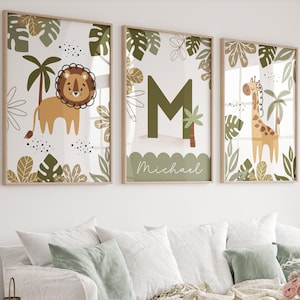 Conjunto de 3 impresiones de vivero Safari, vivero de nombres personalizados, nombre personalizado, vivero de la selva, león de la guardería, decoración del vivero de la selva, vivero de jirafas, animal