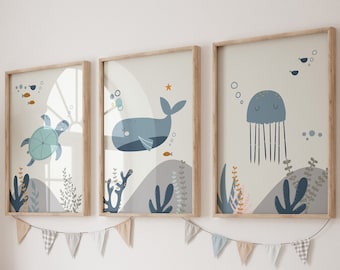 Set van 3 oceaankwekerijafdrukken, nautische kwekerij, oceaankwekerij, walvisprint, babyjongenkwekerij, oceaanthemakwekerij, oceaankwekerijdecor, kinderkamer