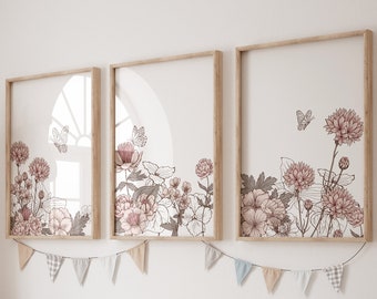 Conjunto de 3 impresiones de vivero de flores silvestres, guardería de niñas, arte de la pared de la guardería, arte de la guardería floral, impresión de flores silvestres, impresión de la guardería, guardería de niñas, guardería