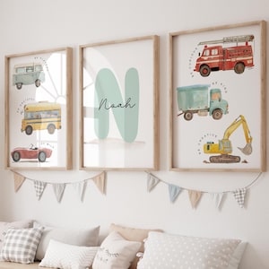 Set of 3 Transport vehicles print,Vehicles print for boys room,Travel nursery,Custom name Boy nursery decor,Boys room decor,Boys room