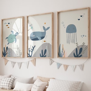 Conjunto de 3 impresiones de vivero oceánico, vivero náutico, vivero oceánico, estampado de ballenas, vivero de niños, vivero temático oceánico, decoración de vivero oceánico, vivero