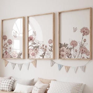 Set of 3 Wildflower nursery prints,Baby girl nursery,Nursery wall art,Floral nursery art,wildflower print,Nursery print,Girl nursery,Nursery