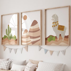 Lama und Kaktus 3er Set Drucke, Lama print Kinderzimmer, Kinderzimmer Dekor, Neutral Kinderzimmer, Boho Kinderzimmer Wandkunst, Lama Kinderzimmer Dekor, Kinderzimmer Druck