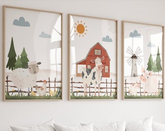 Set of 3 Farm animals print,Watercolor farm animals,Farmhouse nursery decor,Nursery animal prints,Cow nursery decor,Farm nursery,Farm animal