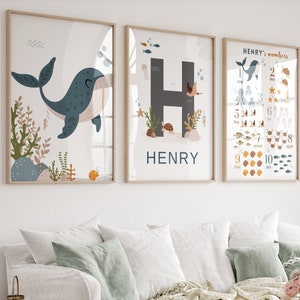 Conjunto de 3 impresiones personalizadas bajo el mar, signo de nombre personalizado para guardería decoración de guardería personalizada decoración de pared signo de nombre personalizado, nombre personalizado