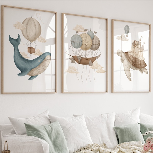 Set van 3 kinderkamerafdrukken met oceaanthema, zeeschildpadprint, walvismuurkunst, heteluchtballon, avontuurlijke kinderkamer, nautische kinderkamer, neutrale kinderkamer