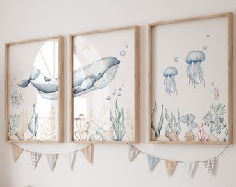 Walviskwekerijafdrukken, nautische kinderkamer, inrichting walviskwekerij, walvisprint, walviskunst, babyjongenskwekerij, walvisschilderij, kinderdagverblijf met oceaanthema, kinderdagverblijf
