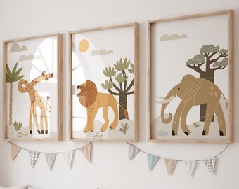 Juego de 3 impresiones de guardería de safari, Decoración de guardería de safari, Guardería de la jungla, Animales de guardería de safari imprimibles, Arte de pared de guardería de la jungla, Arte de guardería de leones