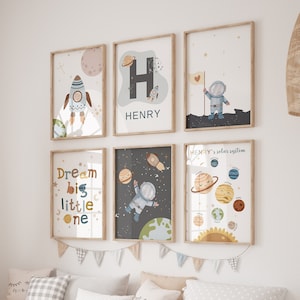 Conjunto de 6 impresiones de vivero espacial, vivero de impresiones espaciales, vivero temático espacial, vivero personalizado, signo de nombre personalizado, cartel espacial, sistema solar