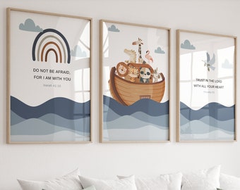 Set of 3 christian nursery wall art,Noahs ark,Noahs ark nursery,Noah ark,Bible verse wall art,Scripture wall art,Nursery wall art christian