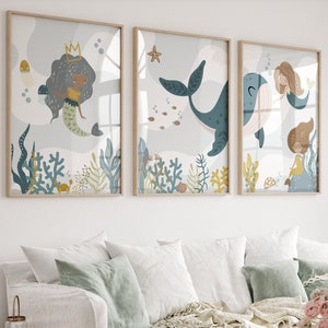 Set of 3 Mermaid nursery decor,Mermaid print,Mermaid nursery,Under the sea nursery prints,Whale nursery decor,Ocean nursery prints,Girl room