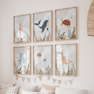 Conjunto de 6 impresiones de vivero oceánico, vivero náutico, vivero oceánico, estampado de ballenas, vivero de niños, vivero temático oceánico, decoración de vivero oceánico, vivero