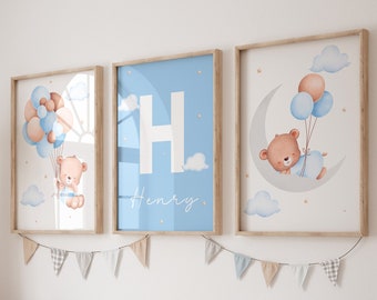 Set of 3 custom teddy bear nursery prints,Teddy bear print,Nursery name sign,Personalized name,Teddy bear nursery decor,Kids wall art,Bear