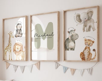 Safari nursery prints set of 3,Printable safari nursery animals,Jungle nursery wall art,Custom name nursery,Newborn name sign,Safari animals