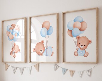 Set van 3 beer kinderkamer prints, baby jongen kinderkamer, baby jongen prints, beer met ballonnen, beer kinderkamer, baby jongen kinderkamer decor, kinderkamer kunst, teddybeer