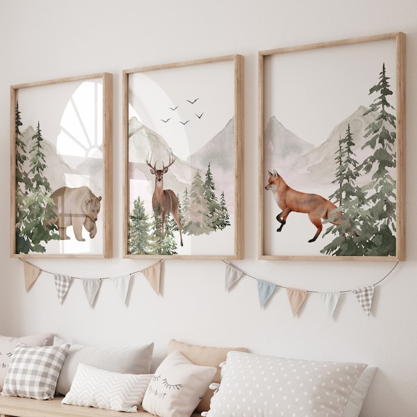 Set of 3 Woodland Nursery prints,Forest nursery,Woodland nursery,Mountain print,Playroom,Forest nursery decor,Playroom decor,Kids room decor